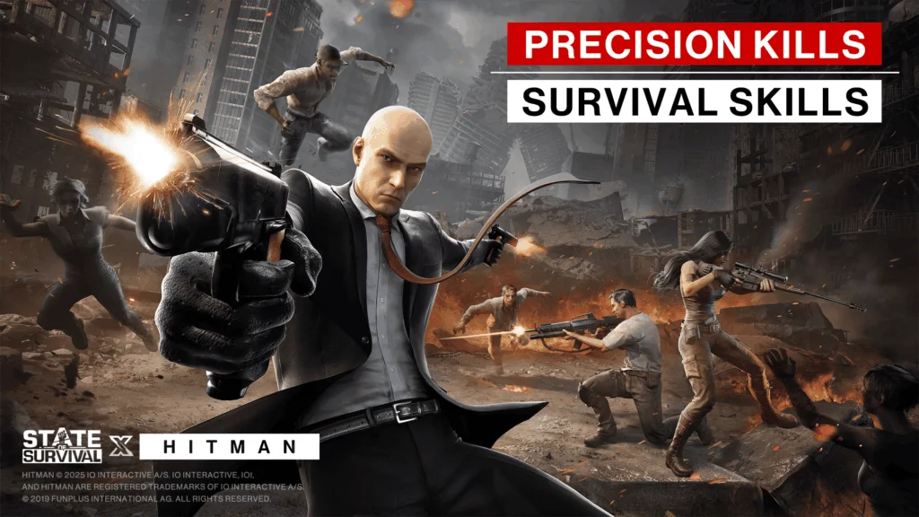 شخصیت ایجنت ۴۷ از سری بازی‌های Hitman در کنار لوگوی IO Interactive