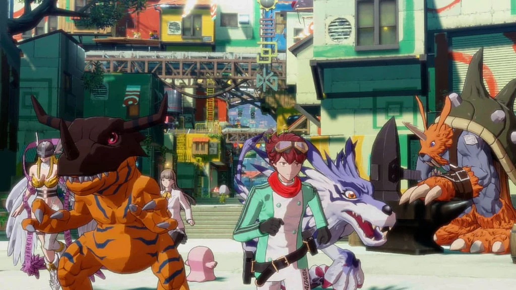 شخصیت‌های اصلی و دیجیمون‌های بازی Digimon Story: Time Stranger در یک صحنه داستانی