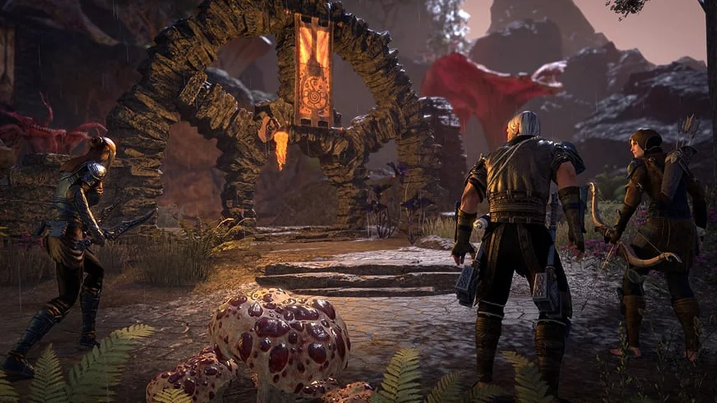 گروهی از ماجراجویان در حال مبارزه با یک اژدها در دنیای The Elder Scrolls Online.