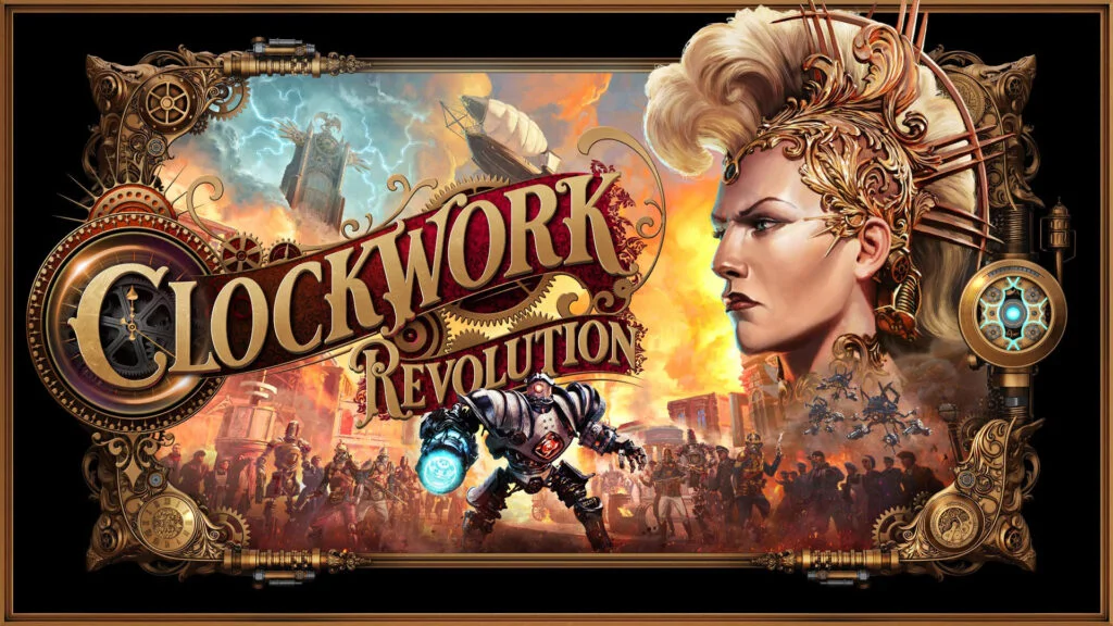 نمایی از شهر استیم‌پانکی و پرجزئیات بازی Clockwork Revolution با معماری ویکتوریایی و ماشین‌آلات پیچیده.