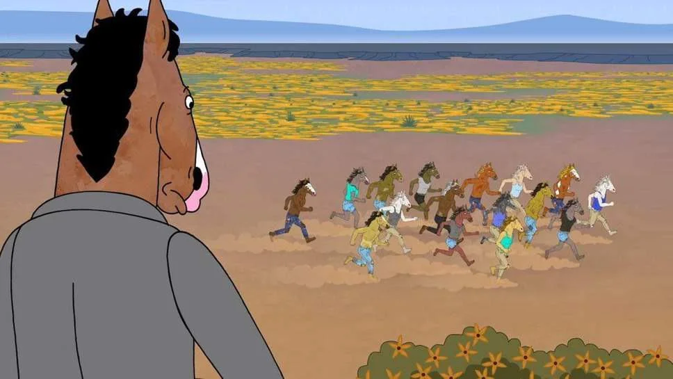 بوجک هورسمن در حال تماشای اسب‌های در حال دویدن پس از مرگ سارا لین در فصل سوم سریال.