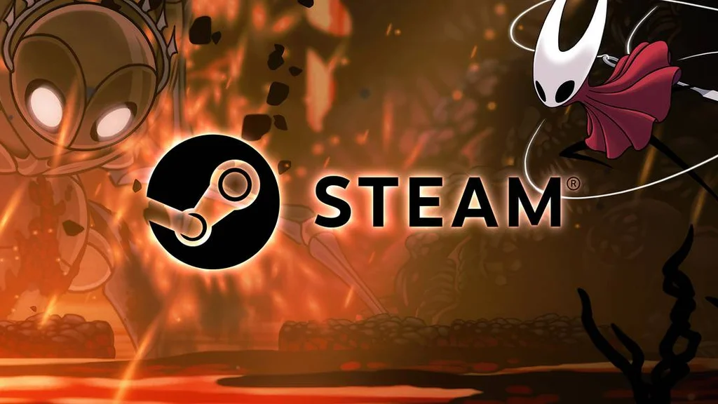 تصویر هنری از بازی Hollow Knight: Silksong با لوگوی استیم در پس‌زمینه