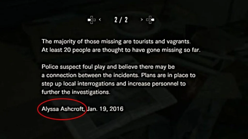 فایل گزارش نوشته شده توسط آلیسا اشکرافت در بازی Resident Evil 7.