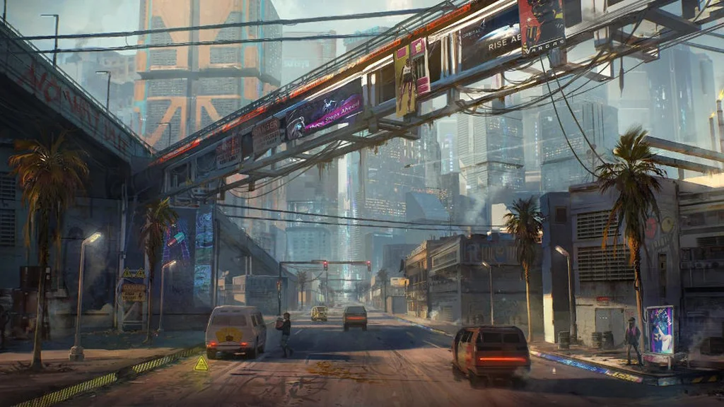 نمایی هنری و زیبا از شهر Night City در بازی Cyberpunk 2077 در شب