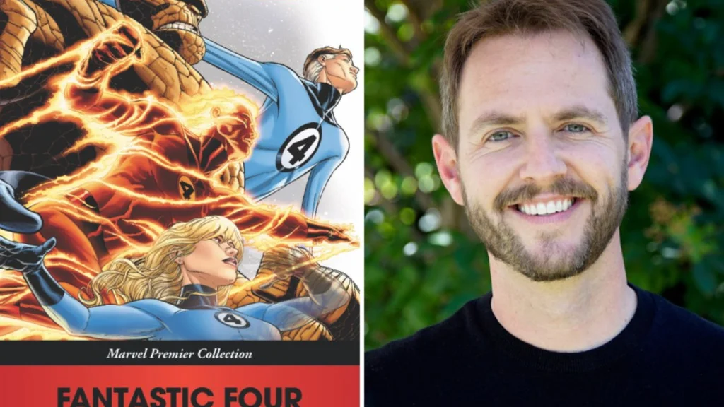 مت شاکمن کارگردان فیلم Fantastic Four در کنار لوگوی فیلم