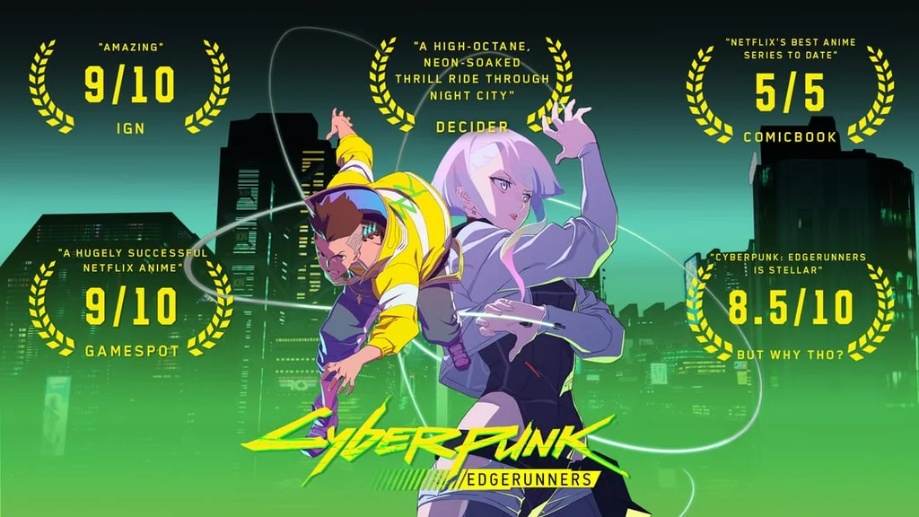 یک صحنه اکشن سریع و پر از نورهای نئونی از انیمه Cyberpunk: Edgerunners