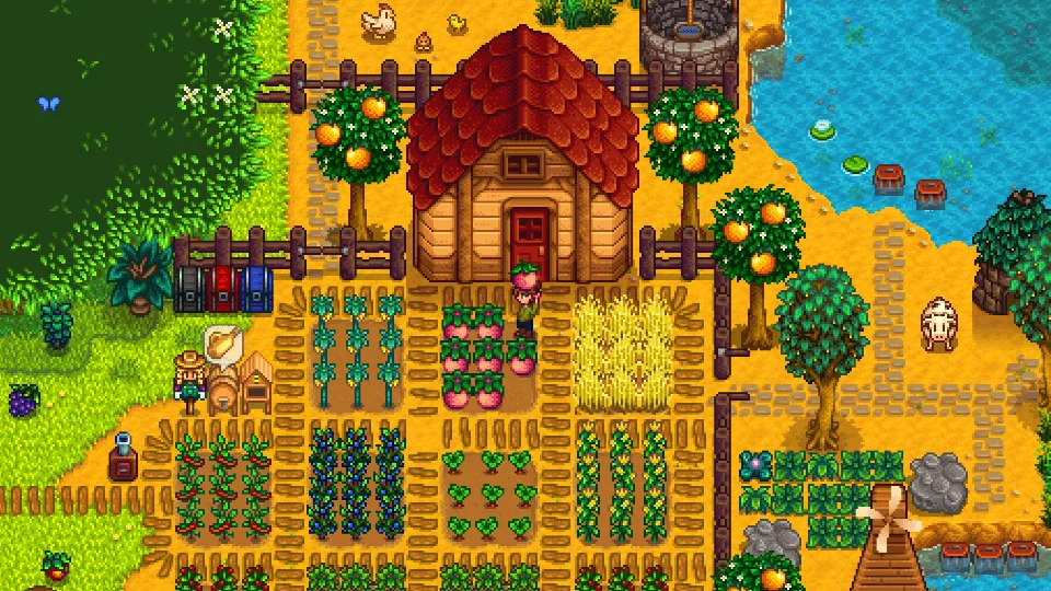نمایی از یک مزرعه زیبا و پرجزئیات در بازی Stardew Valley با محصولات مختلف و ساختمان‌های روستایی.