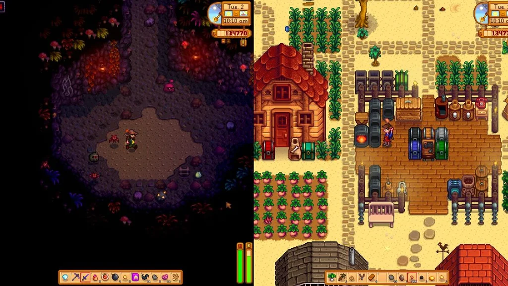 گروهی از بازیکنان در حال همکاری و کشاورزی در حالت چندنفره بازی Stardew Valley.
